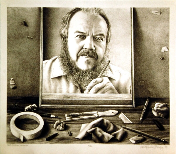 Robert Brawley - Self Portrait, 1990 Medium: Lithograph Edition: 50 Paper: Arches Cover, White Paper Size: 17″ x 19″ Image Size: 14.825” x 17.75″