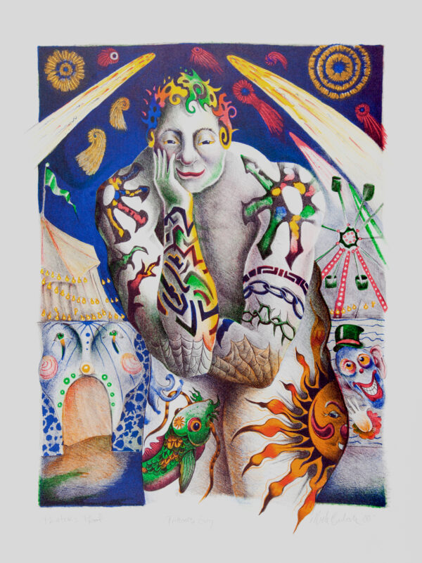 Nick Bubash - Tattooed Guy (from The Entertainers), 2001 Medium: 5 Color Lithograph Edition: 30 Paper: Rives BFK, Grey Paper Size: 24.75″ x 18.5″ Image Size: 21″ x 16″ (irregular)