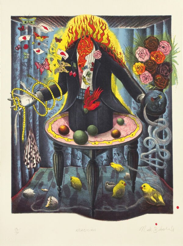 Nick Bubash - Magician (from The Entertainers), 1998 Available ONLY with Suite of Six Medium: 6 Color Lithograph Edition: 30 Paper: Arches Cover, Buff Paper Size: 24.75″ x 18.5″ Image Size: 21.25″ x 16″ (irregular)
