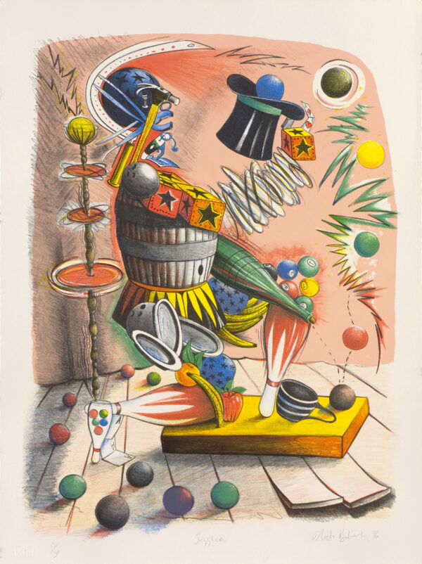 Nick Bubash - Juggler (from The Entertainers), 1997 Medium:  6 Color Lithograph Edition:  30 Paper:  Arches Cover, White Paper Size:  24.75″ x 18.5″ Image Size:  21.25″ x 16″ (irregular)