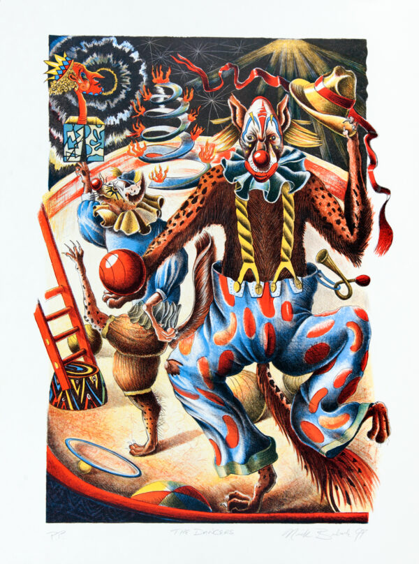 Nick Bubash - The Dancers (from The Entertainers), 1999 Medium: 5 Color Lithograph Edition: 30 Paper: Somerset, Antique Paper Size: 24.75″ x 18.5″ Image Size: 21.75″ x 16.5″ (irregular)