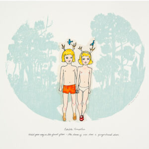 Peregrine Honig - Edible Complex, 2005 Medium: 12 Color Lithograph with chine collé Edition: 30 Paper: Arches Cover, White with Japanese Silk Tissue chine collé Paper Size: 15″ x 19″ Image Size: 9.5″ x 12.25″ Watch your way on the forest floor ~ the house of vice has a gingerbread door