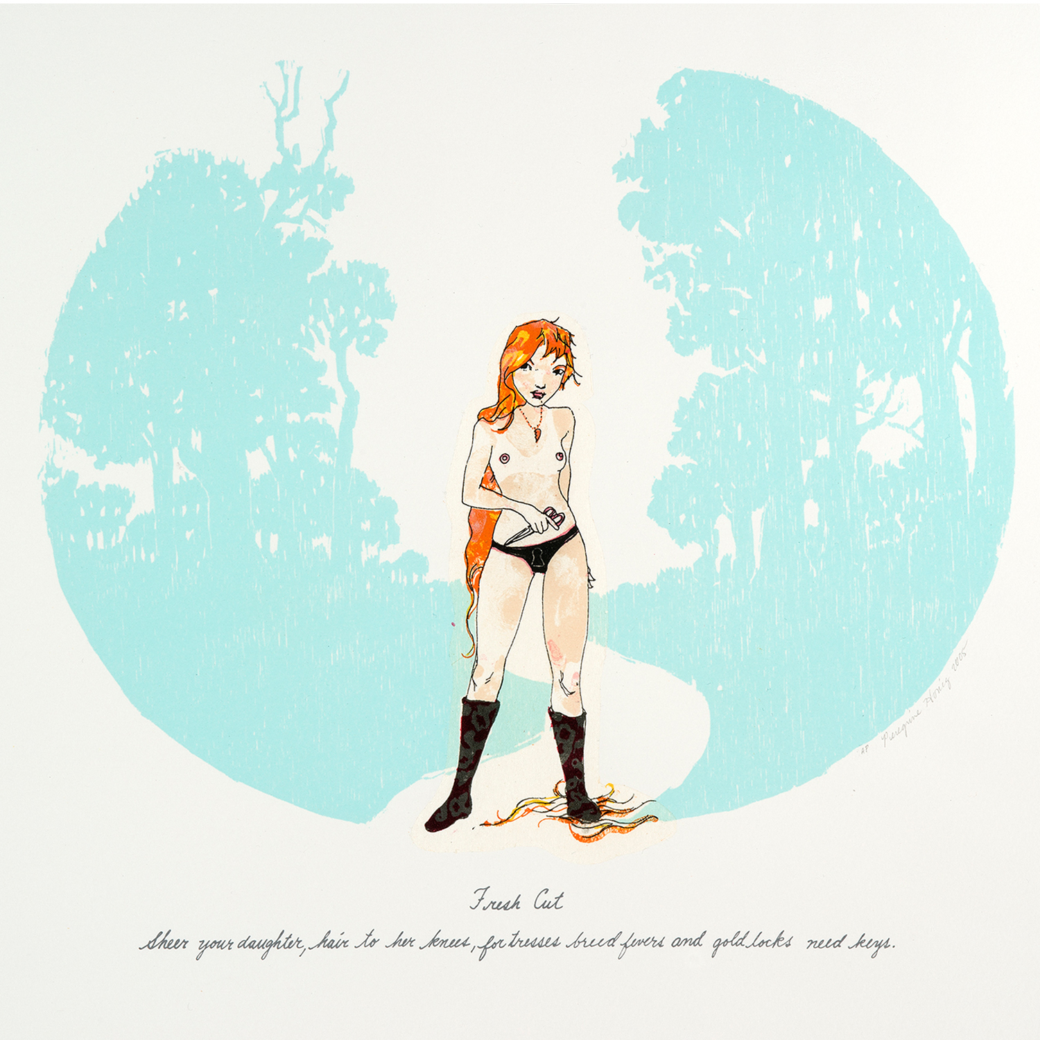 Peregrine Honig - Fresh Cut, 2005 Medium: 7 Color Lithograph with chine collé Edition: 30 Paper: Arches Cover, White with Japanese Silk Tissue chine collé Paper Size: 15″ x 19″ Image Size: 9.75″ x 12.25″ Sheer your daughter, hair to her knees, for tresses breed fever and gold locks need keys