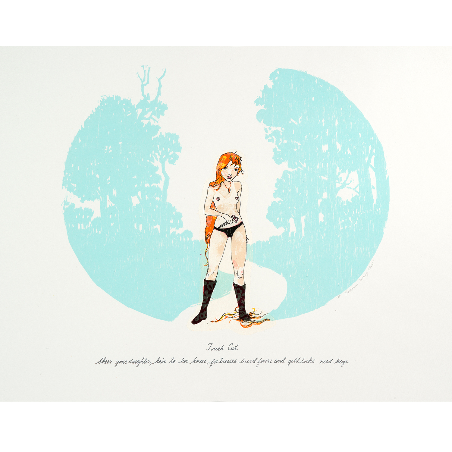 Peregrine Honig - Fresh Cut, 2005 Medium: 7 Color Lithograph with chine collé Edition: 30 Paper: Arches Cover, White with Japanese Silk Tissue chine collé Paper Size: 15″ x 19″ Image Size: 9.75″ x 12.25″ Sheer your daughter, hair to her knees, for tresses breed fever and gold locks need keys