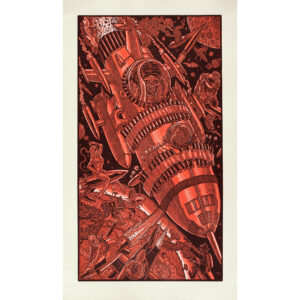 Tom Huck - SCUDS, 2011 Medium: Woodcut from 2 blocks Edition: 36 Paper: German Etching Paper Size: 39.5″ x 23″ Image Size: 35″ x 19″