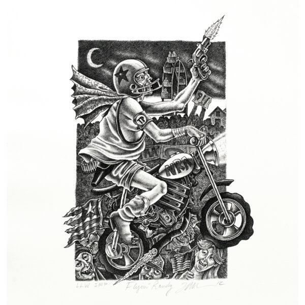 Tom Huck - Flyin’ Randy, 2012 Medium: Lithograph Edition: 37 Paper: Arches Cover, White Paper Size: 14.875” x 11.75” Image Size: 10.5″ x 7.625”