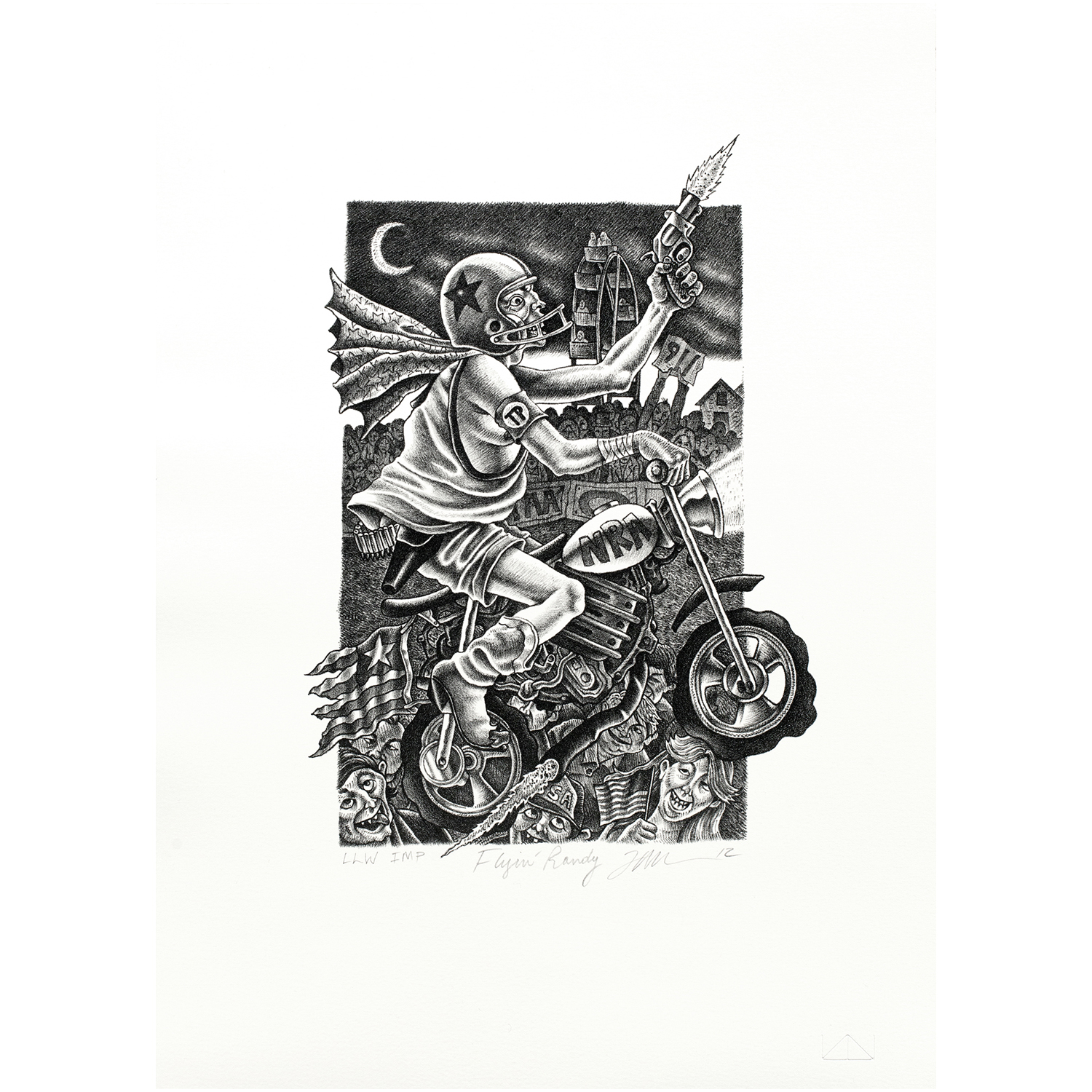 Tom Huck - Flyin’ Randy, 2012 Medium: Lithograph Edition: 37 Paper: Arches Cover, White Paper Size: 14.875” x 11.75” Image Size: 10.5″ x 7.625”