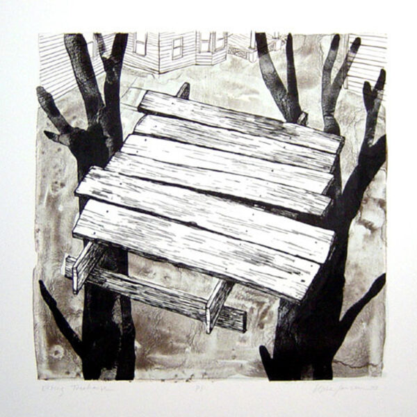 Gesine Janzen - Elbing Treehouse, 2003 Medium: 3 Color Lithograph Edition: 60 Paper: Somerset, Soft White Paper Size: 16.75″ x 15″ Image Size: 11″ x 11″ (irregular)