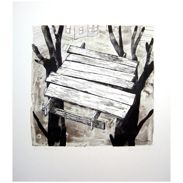 Gesine Janzen - Elbing Treehouse, 2003 Medium: 3 Color Lithograph Edition: 60 Paper: Somerset, Soft White Paper Size: 16.75″ x 15″ Image Size: 11″ x 11″ (irregular)