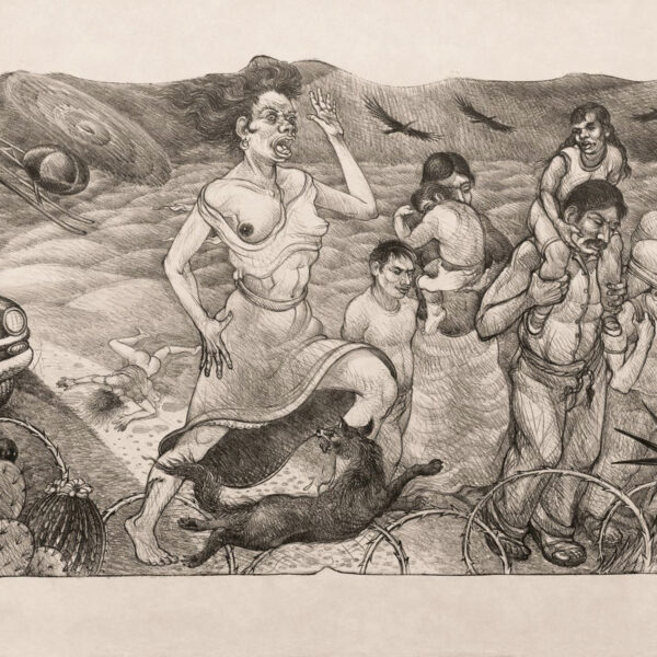 Luis Jiménez - Tan Lejos de Dios; Tan Cercas de los Estados Unidos, 2001 (So Far From God; So Close to the United States) Medium: Lithograph Edition: 50 Papers: Okawara Paper Size: 32″ x 56.5″ Image Size: 25″ x 50″ (irregular) Price Upon Request Copyright: The Artist Rights Society