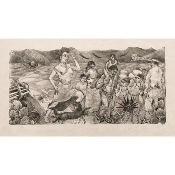 Luis Jiménez - Tan Lejos de Dios; Tan Cercas de los Estados Unidos, 2001 (So Far From God; So Close to the United States) Medium: Lithograph Edition: 50 Papers: Okawara Paper Size: 32″ x 56.5″ Image Size: 25″ x 50″ (irregular) Price Upon Request Copyright: The Artist Rights Society