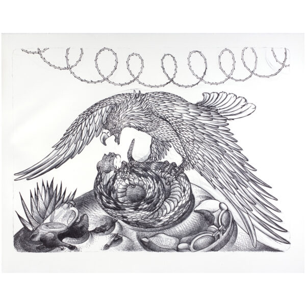 Luis Jiménez - Eagle & Snake II, 2008 Medium: Lithograph Edition: 44 Paper: Arches Cover White Paper Size: 32.25″ x 43.25″ Image Size: 29″ x 39.75″ (Estate Signed/Stamped) Copyright: The Artist Rights Society