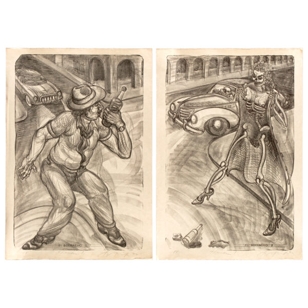 Luis Jiménez - El Borracho I,II (Diptych), 1992 Medium: Lithograph Edition: 54 Paper: Okawara Paper Size: 37″ x 25.5″ Image Size: 34″ x 22.5″ (irregular) Copyright: The Artist Rights Society