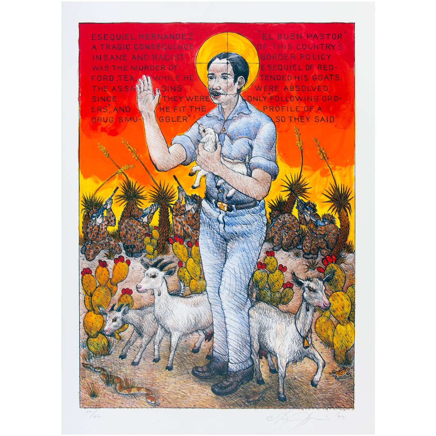 Luis Jiménez - El Buen Pastor, 1999 Medium: 7 Color Lithograph Edition: 62 Paper: Arches Cover, White Paper Size: 41.5″ x 29.5″ Image Size: 37″ x 26″ Price On Request Copyright: The Artist Rights Society