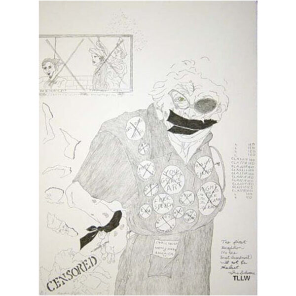 Elisabeth "Grandma" Layton - Censorship, 1989 Medium: 2 Color Lithograph Edition: 85 Paper: Rives BFK, White Paper Size: 30″ x 22.25″ Image Size: Same (irregular bleed)