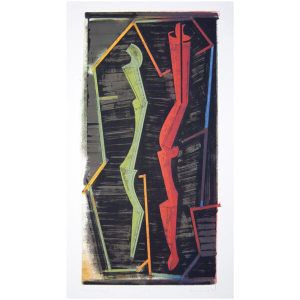 Warren Rosser - Reflex & Memory II (1992) WR-91-10A Medium: 6 Color Lithograph Edition: 24 Paper: Somerset, Soft White Paper Size: 40.5″ x 23.5″ Image Size: 37″ x 18.5″ (irregular)