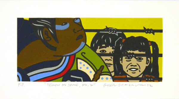Roger Shimomura - Yellow No Same #2, 1992 Medium: 8 Color Lithograph Edition: 45 Paper: Rives BFK, White Paper Size: 5.5″ x 10″ Image Size: 3.5″ x 8″