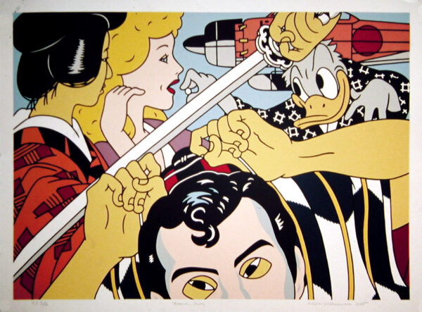 Roger Shimomura - Kabuki Play, 1985 Medium: 8 Color Lithograph Edition: 55 Paper: Rives BFK, White Paper Size: 23″ x 31″ Image Size: 21″ x 29″