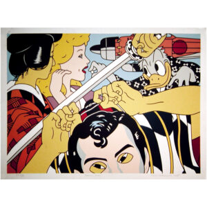 Roger Shimomura - Kabuki Play, 1985 Medium: 8 Color Lithograph Edition: 55 Paper: Rives BFK, White Paper Size: 23″ x 31″ Image Size: 21″ x 29″