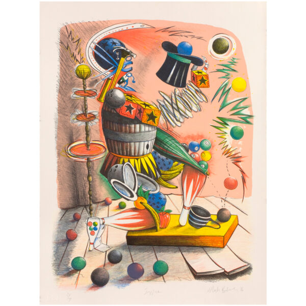 Nick Bubash - Juggler (from The Entertainers), 1997 Medium:  6 Color Lithograph Edition:  30 Paper:  Arches Cover, White Paper Size:  24.75″ x 18.5″ Image Size:  21.25″ x 16″ (irregular)