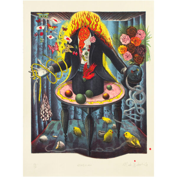 Nick Bubash - Magician (from The Entertainers), 1998 Available ONLY with Suite of Six Medium: 6 Color Lithograph Edition: 30 Paper: Arches Cover, Buff Paper Size: 24.75″ x 18.5″ Image Size: 21.25″ x 16″ (irregular)