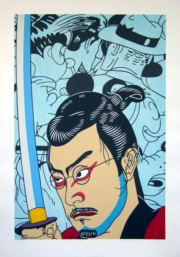 Roger Shimomura - Kansas Samurai, 2004 Medium: 7 Color Lithograph Edition: 46 Paper: Arches Cover, White Paper Size: 44.75″ x 31″ Image Size: 38.75″ x 26″