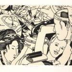 Roger Shimomura - End of the Rainbow, 2004 Medium: Lithograph with chine collé Edition: 55 Papers: Arches Cover, White & Okawara chine collé Paper Size: 22.25″ x 27.50″ Image Size: 18″ x 24″