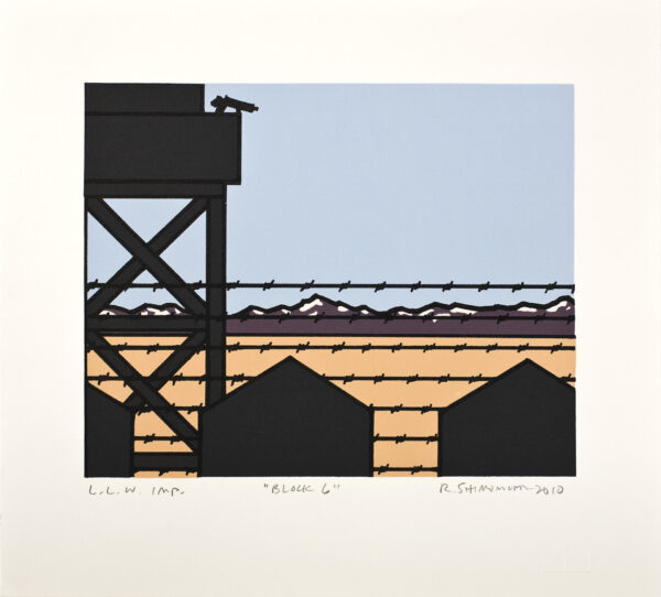 Roger Shimomura - Minidoka Snapshots: Block 6, 2010 Medium: 5 Color Lithograph Edition: 30 Paper: Rives BFK, White Paper Size: 9.875″ x 10.75″ Image Size: 6.5″ x 8″
