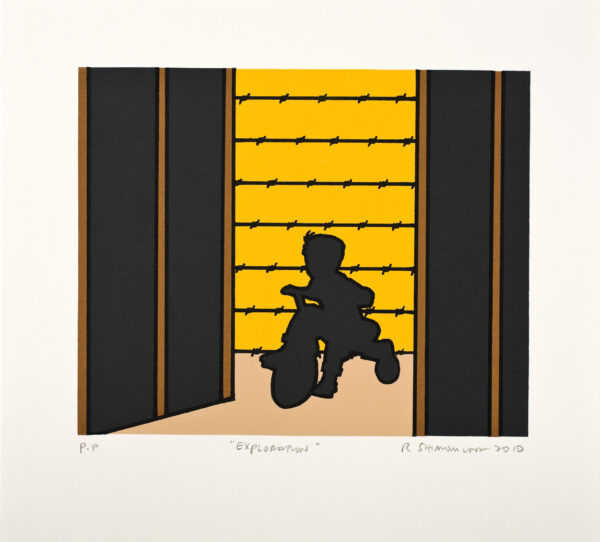 Roger Shimomura - Minidoka Snapshots: Exploration, 2010 Medium: 5 Color Lithograph Edition: 30 Paper: Rives BFK, White Paper Size: 9.975″ x 10.75″ Image Size: 6.5″ x 8″