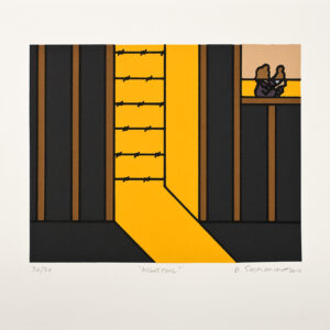 Roger Shimomura - Minidoka Snapshots: Nightfall, 2010 Medium: 6 Color Lithograph Edition: 30 Paper: Rives BFK, White Paper Size: 9.875″ x 10.75″ Image Size: 6.5″ x 8″