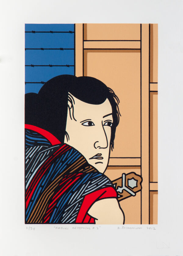 Roger Shimomura - Kabuki Rehearsal #2, 2012 Medium: 7 Color Lithograph Edition: 34 Paper: Arches Cover, White Paper Size: 15.5″ x 11″ Image Size: 12″ x 8″