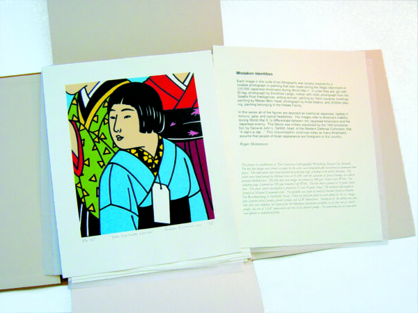 Roger Shimomura - Mistaken Identities - open Portfolio, 2005 Medium: 5 Color Lithograph Edition: 45 Paper: Arches Cover, White Paper Size: 14.5″ x 12″ Image Size: 10.5″ x 9″