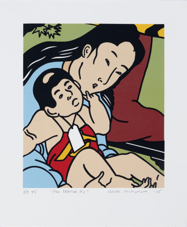 Roger Shimomura - Mistaken Identities #2 For Seattle P.I., 2005 Medium: 5 Color Lithograph Edition: 45 Paper: Arches Cover, White Paper Size: 14.5″ x 12″ Image Size: 10.5″ x 9″