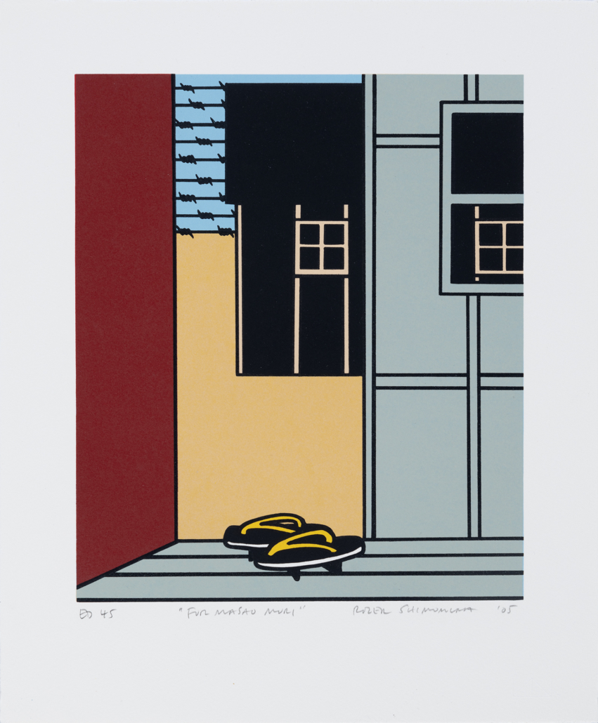 Roger Shimomura - Mistaken Identities #4 For Masao Mori, 2005 Medium: 5 Color Lithograph Edition: 45 Paper: Arches Cover White Paper Size: 14.5″ x 12″ Image Size: 10.5″ x 9″