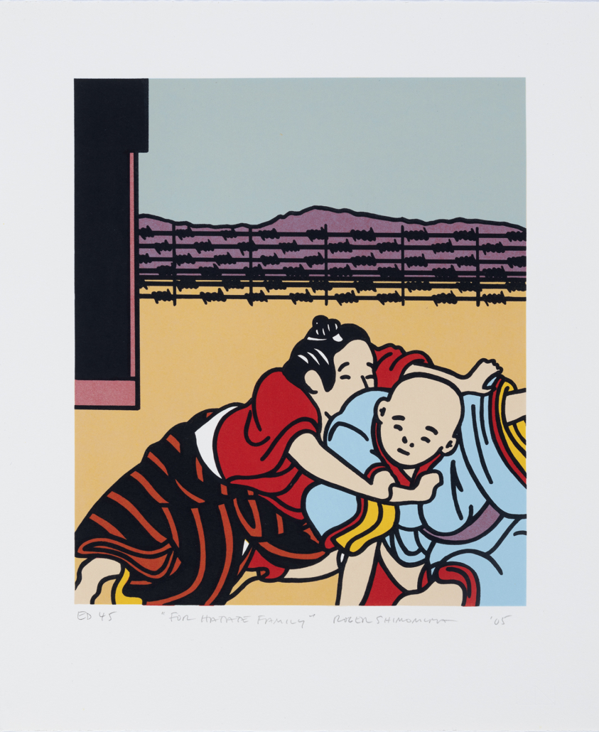 Roger Shimomura - Mistaken Identities #6 For Hatate Family, 2005 Medium: 5 Color Lithograph Edition: 45 Paper: Arches Cover, White Paper Size: 14.5″ x 12″ Image Size: 10.5″ x 9″