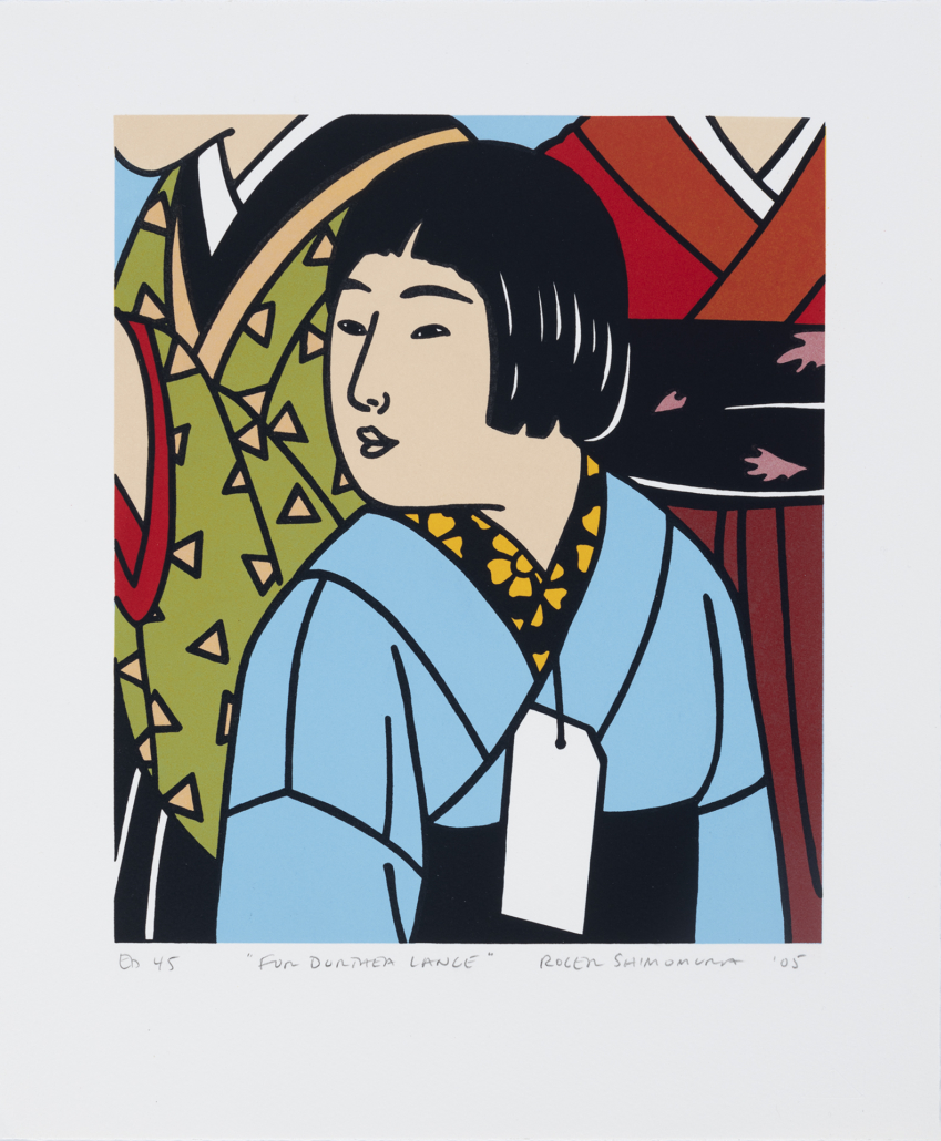 Roger Shimomura - Mistaken Identities #1 For Dorothea Lange, 2005 Medium: 5 Color Lithograph Edition: 45 Paper: Arches Cover, White Paper Size: 14.5″ x 12″ Image Size: 10.5″ x 9″