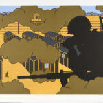 Roger Shimomura - American Guardian, 2008 Medium: 7 Color Lithograph Edition: 50 Roman Numeral Edition: XIV (color variant in ground ochre) Paper: Rives BFK, White Paper Size: 31.5″ x 41″ (approximate) Image Size: 27″ x 39″