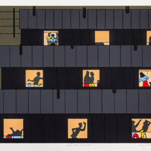 Roger Shimomura - Night Watch – Minidoka, 2014 Medium: 11 Color Lithograph Edition: 52 Paper: Rives BFK, White Paper Size: 30.75″ x 40.5″ Image Size: 27.75″ x 38″