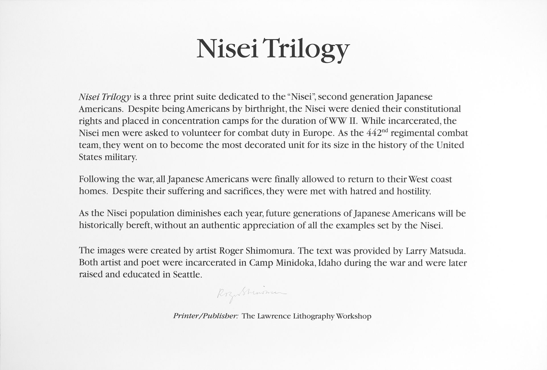 Roger Shimomura - Nisei Trilogy – Portfolio, 2015 Medium: Suite of 3 Lithographs with Title & Colophon pages Paper: Rives BFK, White Paper Size: 18.5″ x 27″