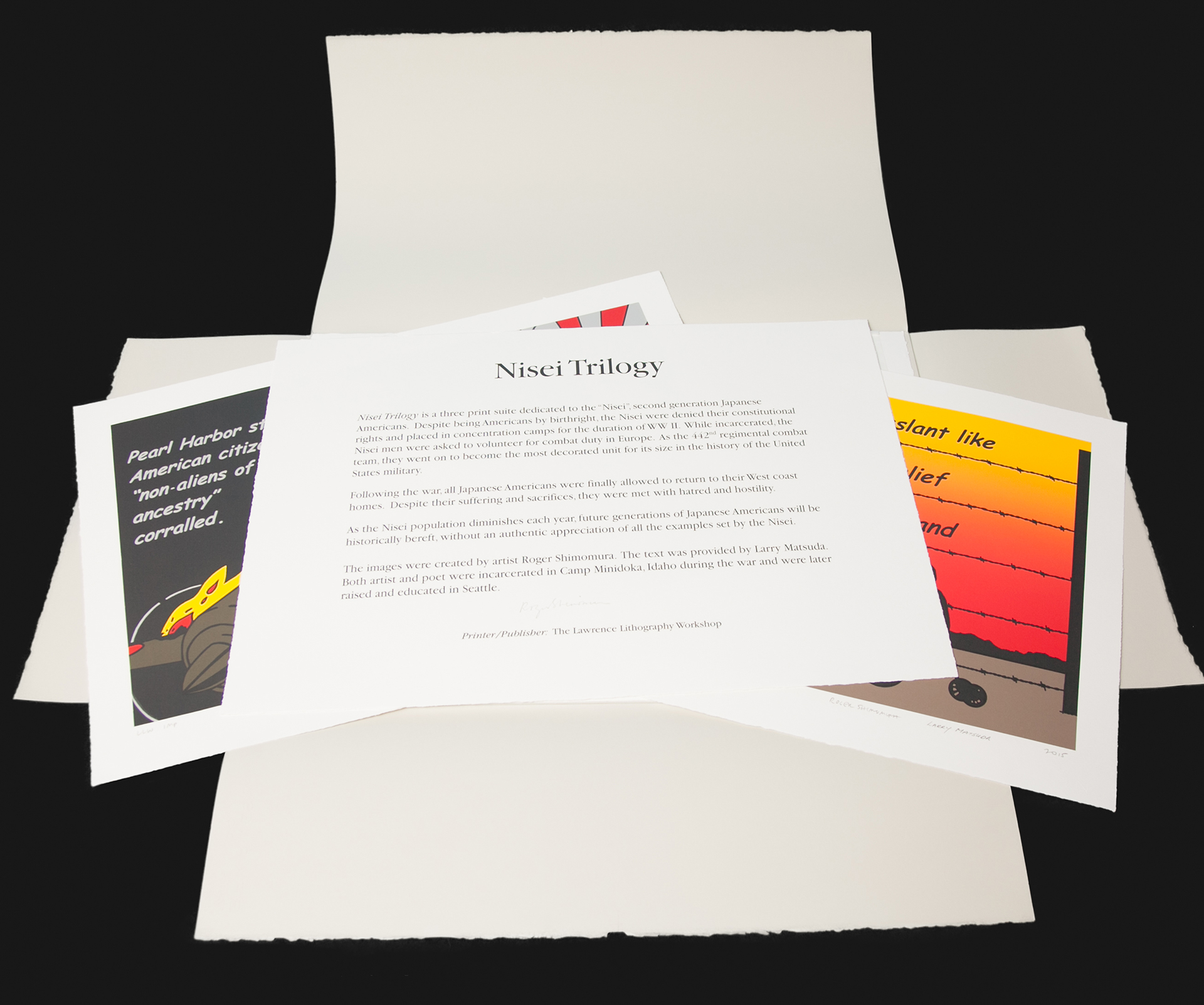 Roger Shimomura - Nisei Trilogy – Portfolio, 2015 Medium: Suite of 3 Lithographs with Title & Colophon pages Paper: Rives BFK, White Paper Size: 18.5″ x 27″