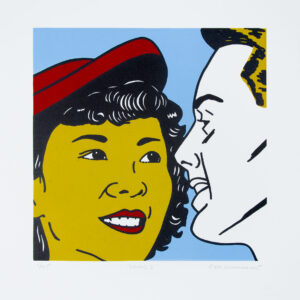 Roger Shimomura - Lovers 2, 2015 Medium: 4 Color Lithograph Edition: 45 Paper: Rives BFK, White Paper Size: 14″ x 13.5″ Image Size: 10.5″ x 10.5″