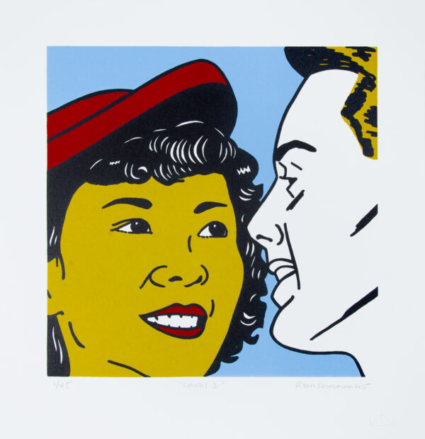 Roger Shimomura - Lovers 2, 2015 Medium: 4 Color Lithograph Edition: 45 Paper: Rives BFK, White Paper Size: 14″ x 13.5″ Image Size: 10.5″ x 10.5″