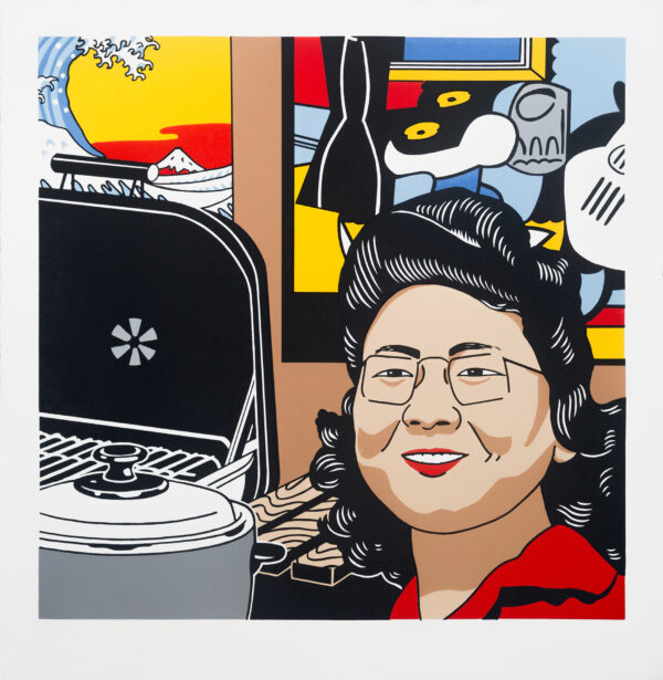 Roger Shimomura - American Muse, 2017 Medium: 10 Color Lithograph Edition: 36 Paper: Rives BFK, White Paper Size: 28″ x 27.25″ Image Size: 24″ x 24.25″