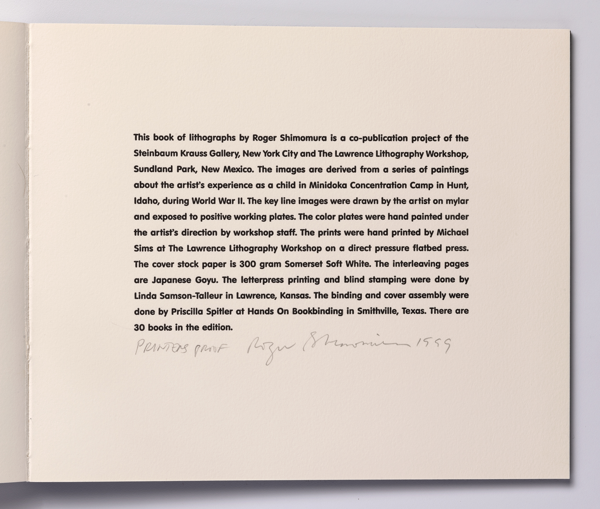 Roger Shimomura - Memories of Childhood, 1999 A handmade book Medium: Color Lithograph bound in a handmade book Edition: 30 Paper: Somerset, Soft White and Japanese Goyu Paper Size: 10″ x 12″ Image Size: 7″ x 10″
