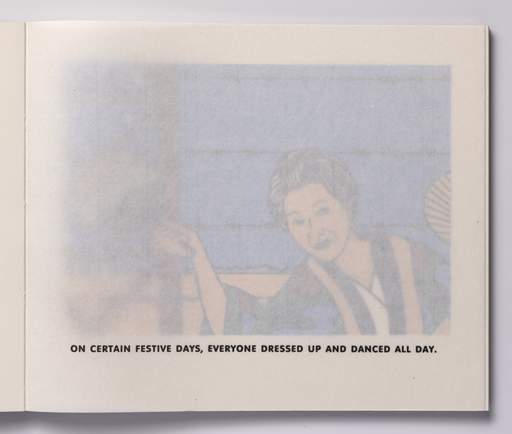 Roger Shimomura - Memories of Childhood, 1999 A handmade book Medium: Color Lithograph bound in a handmade book Edition: 30 Paper: Somerset, Soft White and Japanese Goyu Paper Size: 10″ x 12″ Image Size: 7″ x 10″