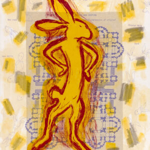 Jaune Quick-To-See Smith - Tribe/Community, (from Survival, suite of four), 1996 Medium: 5 Color Lithograph with chine collé Edition: 50 Papers: Arches Cover, White & Okawara chine collé Paper Size: 36″ x 24.75″ Image Size: Same
