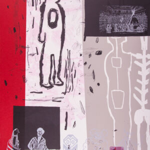Jaune Quick-To-See Smith - Wisdom/Knowledge, (from Survival, suite of four), 1996 Medium: 4 Color Lithograph with chine collé Edition: 50 Papers: Arches Cover, White & Red Moriki chine collé Paper Size: 36″ x 24.75″ Image Size: Same