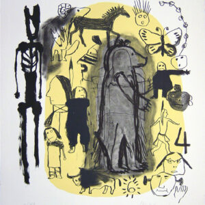 Jaune Quick-To-See Smith - Sticky Mouth, 1997 Medium: 3 Color Lithograph Edition: 40 Paper: Lana Royal Paper Size: 26.75″ x 21.75″ Image Size: 21.5″ x 19″ (irregular)