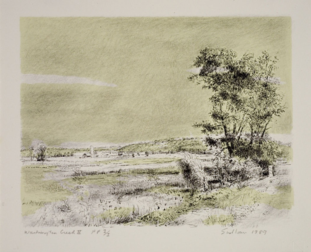 Robert Sudlow - Washington Creek, 1987 Medium: Lithograph Edition: 12 Paper: Rives BFK, White Paper Size: 9 1/2″ x 11 1/2″ Image Size: 7 1/2" x 10"