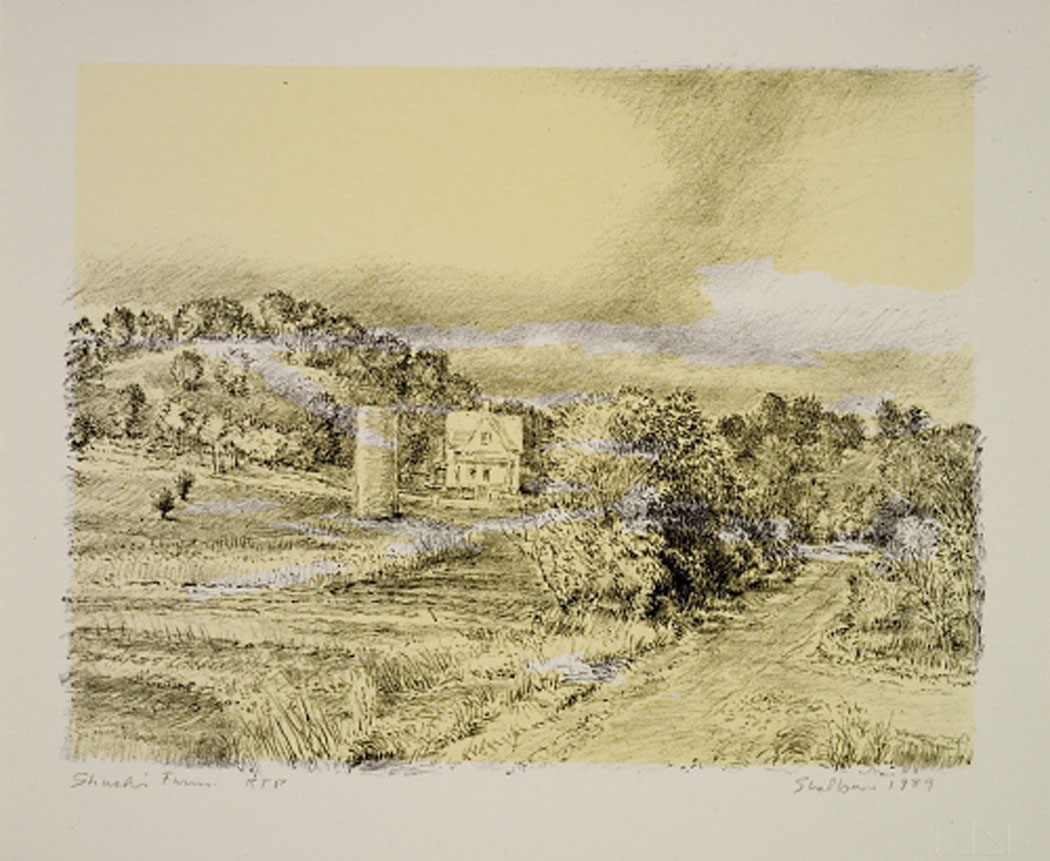 Robert Sudlow - Shuck's Farm, 1989 Medium: Lithograph Edition: 35 Paper: Rives BFK, White Paper Size: 9 1/2” x 11 1/2” Image Size: 7 3/4” x 10” (approximate)